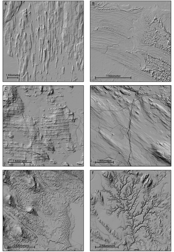 Fig. 2. Examples of LiDAR revealed landforms in Scandinavia. Illumination from NW, except for D. A. NE of Umeå, northern Sweden, a series of N–S oriented bedrock-headed lineations (crag and tails). B. Hillshaded DEM (LiDAR DEMs) examples of ancient shorelines (beach ridges) from Hanko, southwestern Finland. Since the isolation, most of the ancient beach ridges lying between 10 and 20 m a.s.l. have been deformed to dunes. C. Hillshaded DEM examples of De Geer moraine field from Ruokojärvi, Kouvola, southern Finland. D. Hillshaded DEM example of the Röjnoret PGF, west of Skellefteå, Sweden. This image is illuminated from NE. E. The region around Mora, Sweden, showing dunes, Rogen moraine, eskers, glacial lineations and meander scars. F. Well developed ravines in glacial clay SE of Filipstad, Sweden.