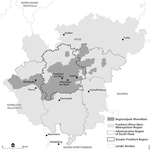 Figure 2. The fragmented regional governance landscape in Frankfurt Rhine-Main. Source: Regionalverband (Citation2018) and Regionalpark RheinMain GmbH.