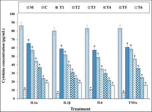 Figure 8. The cytokine concentration in different treatments after 48 h.M: Methadone, C: Control, T1: 100μM methadone and 2μg of Cu(NO3)2, T2: 100μM methadone and 4μg of Cu(NO3)2, T3: 100μM methadone and 2μg of N. sativa, T4: 100μM methadone and 4μg of N. sativa, T5: 100μM methadone and 2μg of CuNPs, T6: 100μM methadone and 4μg of CuNPs.*indicate the significant difference (p ≤ 0.01) between experimental groups with methadone group.