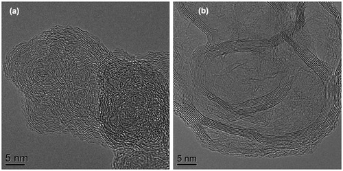 Figure 6. HRTEM images of diesel soot (a) before laser heating and (b) after laser heating at a fluence of 150 mJ/cm2.