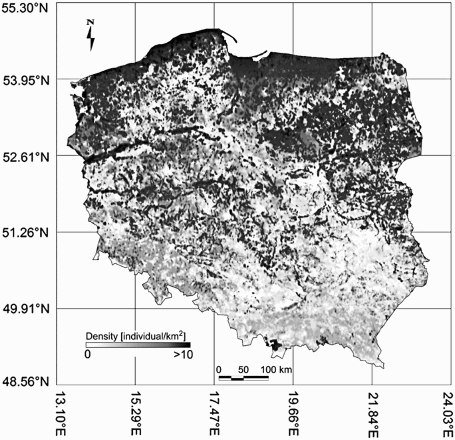 Figure 3. Predicted density of the breeding population of Meadow Pipits in Poland. The map illustrates the joint influence of both spatial and environmental variation on density.