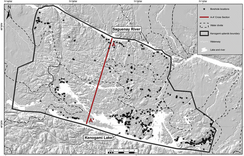 Fig. 4 Location of the individual wells installed in the anorthosite bedrock in the Kenogami Uplands and of cross-section A–A′.