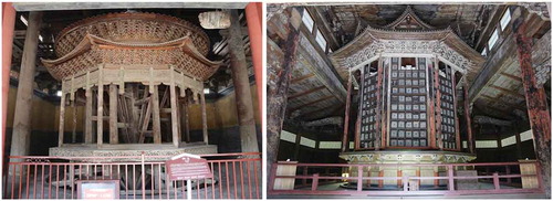 Figure 1. Examples of rotating sutra-case cabinet in China and Japan. (a) Zhuanlunzang of Longxing Temple (隆興寺) China; (b) Rinzō of Onjōji Temple (園城寺), Japan (Photo by author).