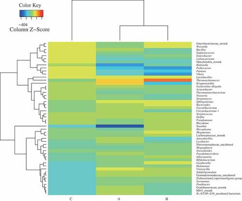 Figure 1. Taxonomic classification of sequences from prokaryotic communities of three samples (A, premium-grade Daqu; B, first-grade Daqu; C, general-grade Daqu) at genus level. The relative abundance was calculated by dividing the number of classified tags by the total tags number of each sample. The top 50 genera detected in RSF Daqu are shown. The relative abundance of each genus was indicated by color intensity in a heat map