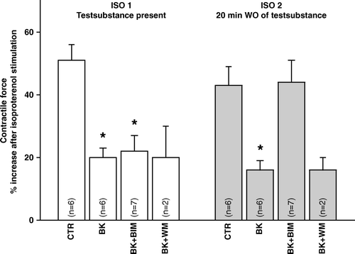 Figure 2.  Contractile force amplitude in response to isoproterenol in papillary muscle treated with bradykinin in combination with inhibitors to PKC or PI3-kinase. BIM: bisindolylmaleimide 20 nM, BK: bradykinin 500 nM, ISO: isoproterenol 100 nM, WM: wortmannin 100 nM: p < 0.05 compared to control.