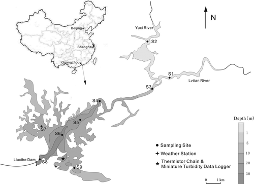 Figure 1 Configuration of Liuxihe Reservoir and location of sampling and monitoring sites.