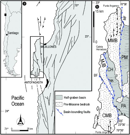 Figure 1. Map of the Mejillones Peninsula. (a) Regional tectonic setting after CitationNiemeyer, González, & Martínez-de Los Ríos (1996). (b) Geology adapted from CitationArmijo and Thiele (1990); MMB, Morro Mejillones Block; MF, Mejillones Fault; PM, Pampa Mejillones basin; MJB, Morro Jorgino Block; JF, Jorgino Fault; CH, Caleta Herradura basin; CMB, Cerro Moreno Block; RF, La Rinconada Fault; PA, Pampa del Aeropuerto basin.