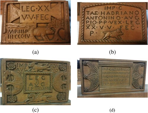 Figure 2 Wooden replicas of Distance Sculptures in the collections of Glasgow Museums (originals held by the Hunterian Museum): a) RIB 2184 from Eastermains; b) RIB 2199 from Cochno Estate; c) RIB 2204 from Carleith, Duntocher; d) RIB 2196 from Castlehill.