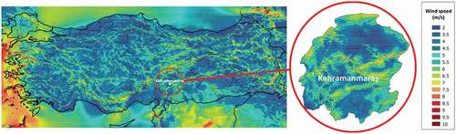 Figure 6. Annual average wind speed distribution of Kahramanmaraş City (at 100 m).