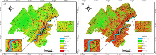 Figure 10. Landslide susceptibility mapping (A is based on the traditional non-landslides LightGBM model; B is based on the information non-landslides LightGBM model).