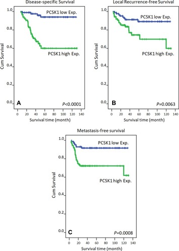 Figure 3 Kaplan–Meier survival curves plotted to predict survival. Using the Log rank test, rectal cancer patients with high expression of PCSK1 had an inferior disease-specific survival (A), local recurrence-free survival (B) and metastasis-free survival (C).
