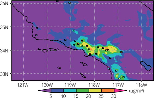 Fig. 7 Background (shaded) and surface observations (squares) of PM2.5 at 02:00 PDT 2 June 2010. The colour differences between the shaded areas and squares indicate the innovations of the surface PM2.5 concentration observations.