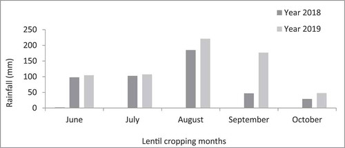 Figure 2. Rainfall distribution of lentil growing months in 2018 and 2019 at Dekebora