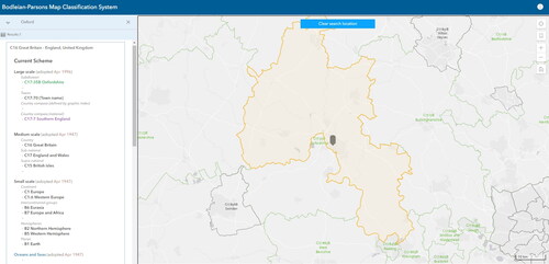 FIGURE 8. A search for ‘Oxford, UK’ on the Bodleian-Parsons web map application displays the possible Parsons classes for that location, dependent on the scale of the map, alongside the date of adoption (Image: Bodleian Libraries).