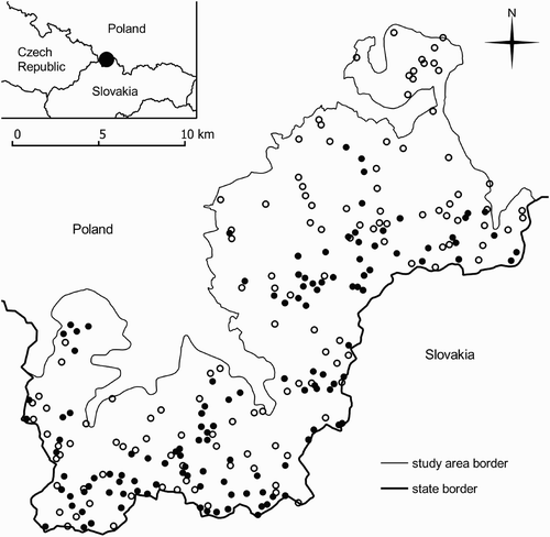 Figure 1. The distribution of Ring Ouzel Turdus torquatus localities (•) and random points (◦) in the Żywiec Beskid Mountains Special Protection Area (southern Poland).