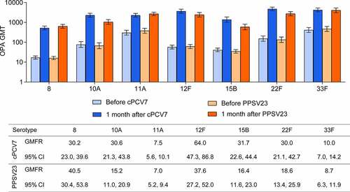 Figure 3. Pneumococcal OPA GMTs before and 1 month after vaccination and GMFRs 1 month after vaccination for the cPCV7 serotypes (Stage 2). The LLOQs for each serotype were as follows: 8, 16; 10A, 14; 11A, 32; 12F, 51; 15B, 36; 22F, 28; 33F, 49. cPCV7 = complementary 7-valent pneumococcal conjugate vaccine; GMTs = geometric mean titers; GMFRs = geometric mean fold-rises; LLOQ = lower limit of quantitation; OPA = opsonophagocytic activity; PPSV23 = 23-valent pneumococcal polysaccharide vaccine