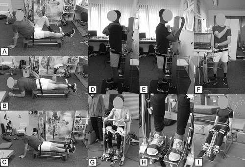 Figure 1. Isometric maximal voluntary contractions as performed for assessment of hip flexors (a), hip extensors (b), hip adductors and abductors (c), trunk extension (d), trunk flexion (e), trunk lateral flexion (f), ankle flexion and extension (g and h) and knee flexion and extension (i).