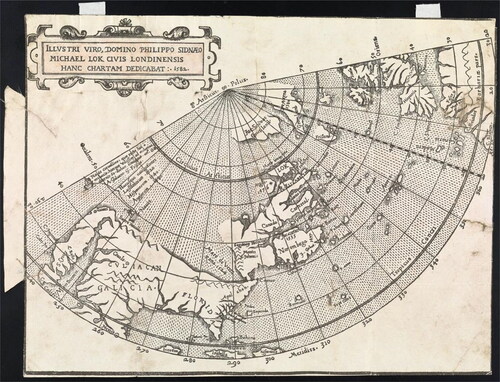 Figure 2. Michael Lok, Illustri Viro, Domino Phillippo Sidnaeo Michael Lok Civis Londinensis Hanc Chartam Dedicabat (1582). The map, prepared by Michael Lok for Richard Hakluyt’s Divers Voyages in 1582, displays North America as an empty territory ready to be further explored and appropriated by the European settlers affirming English claims through sovereignty and occupation under the doctrine of discovery. Source: Osher Map Library, Osher Collection, www.oshermaps.org/map/316