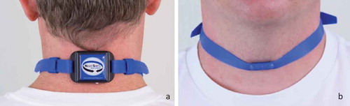 FIGURE 1 Device affixed to the a. back, and b. front of the neck.