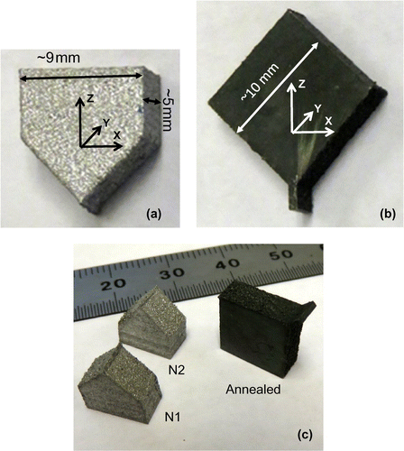 Figure 1. Photograph of Inconel 625 additive manufacturing samples investigated in the present study. The samples were measured in two orthogonal orientations: with neutrons propagating along the Y-axis and along the X-axis. The sample build direction was along the Z-axis. The sample shown in (b) was annealed for 2 h in argon at 1050°C.