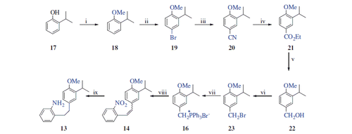Scheme 2. Reaction conditions and reagents: (i) Me2SO4, NaOH (aq), 90 °C, 4 h, 93%; (ii) LiBr/(NH4)2Ce(NO3)6, CH3CN, 20 °C, 2 h, 97%; (iii) CuCN, DMF, 140 °C, 12 h, 90%; (iv) EtOH, H2SO4, reflux, 12 h, 84%; (v) LiAlH4, THF, 0 °C, 4 h, 91%; (vi) PBr3, DCM, 0 °C, 12 h, 92%; (vii) PPh3, CH3CN, reflux, 24 h; (viii) NaH, DCM, 0 °C, 15 min; and 2-nitrobenzaldehyde (15), 20 °C, rt, 16 h; and (ix) H2, Pd/C, MeOH, 20 °C, 2 h.