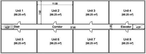 Figure 1. Layout of a prototypical building floor for the mid-rise and high-rise common corridor simulations (Typologies (1) and (3), respectively). The mid-rise and high-rise buildings consisted of 4 and 20 floors respectively, each with identical floor layouts.