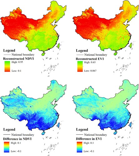 Figure 10. The reconstructed 23-year average growing season VI (first row) and the difference between the original and reconstructed 23-year average growing season VI (second row).