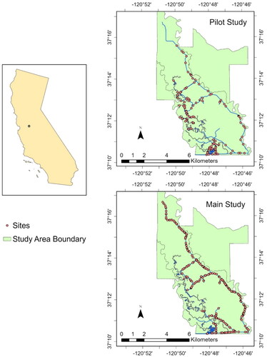 Figure 1. Study area within the San Luis National Wildlife Refuge (Merced County, California, USA) containing sites sampled during the 2022 pilot study and the 2023 main study. For the purposes of this map, sampled means visited for eDNA collection, trapping, or both.
