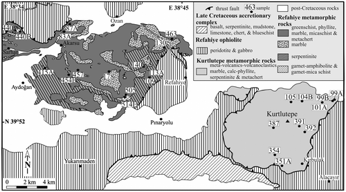 Figure 2. Geological map of the Refahiye and Kurtlutepe meta-igneous areas together with the sample locations (modified after Topuz, Çelik et al., Citation2013).