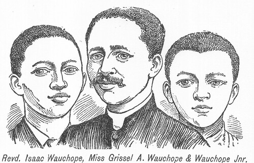 Rev. Isaac Wauchope, Miss Grissel A. Wauchope & Wauchope Jnr. (Advert for Dr Williams Pills), engraving for newspaper, ‘Wapiliswa emva kweminyaka e isitupa’, Ilanga Lase Natal, 14 April 1905, p 3