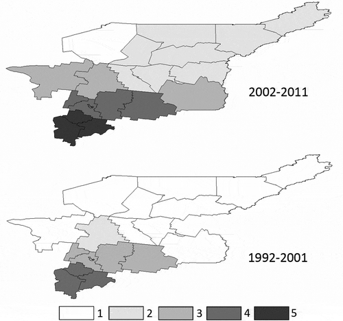 Figure 3. Tick bite incidence rate in RK districts in 1992–2001, and in 2002–2011.1, < 0.1; 2, 0.1–10; 3, 10–100; 4, 100–1,000; 5, > 1,000.