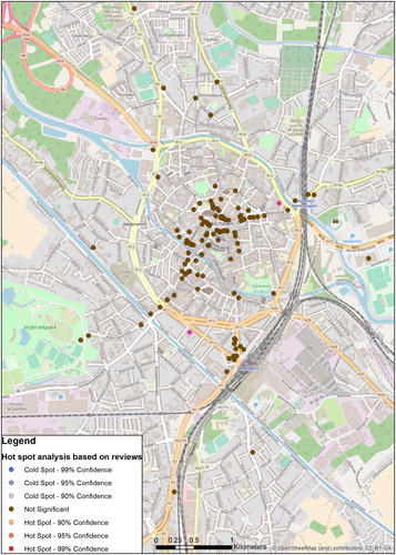 Figure 2. Hot spot analysis based on restaurant reviews on TripAdvisor in Mechelen. Source: TripAdvisor.com (data retrieved June 2016) and OpenStreetMap Contributors (Citation2017).