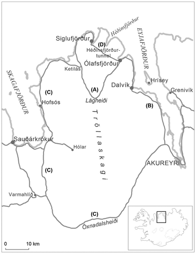 Figure 1. Map of Fjallabyggð and the surrounding area in northern Iceland. (A) 62 km gravel road connecting Ólafsfjörður and Siglufjörður. (B) 61 km national highway connecting Ólafsfjörður and the regional centre of Akureyri. (C) 192 km national highway connecting Siglufjörður and the regional centre of Akureyri. (D) 17 km road and tunnels connecting Ólafsfjörður and Siglufjörður.