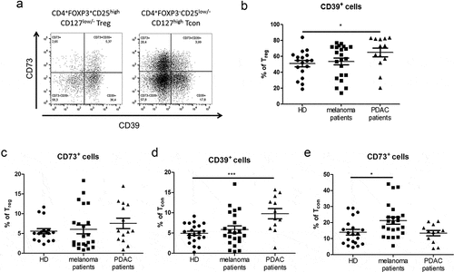 Figure 2. Analysis of CD4+ Treg and CD4+ conventional T cells (Tcon) expressing CD39 and CD73 in cancer patients. Expression of CD39 and CD73 on T cells from the peripheral blood of patients with melanoma (n = 22) or PDAC (n = 14) and of healthy donors (HD, n = 18) was analyzed by flow cytometry. (A) presents representative dot plots. Results are shown as the percentage of CD39+ or CD73+ cells among CD4+FOXP3+CD25highCD127low/- Treg (B, C) and CD4+FOXP3−CD25low/-CD127high Tcon (D, E). *P < .05, ***P < .001
