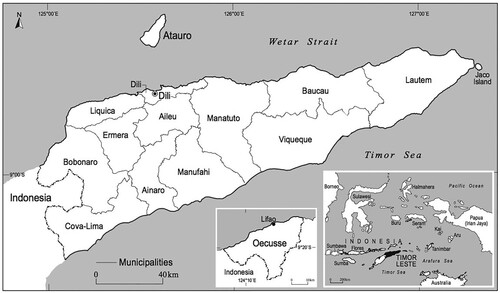 Figure 1. Map of Timor-Leste and its municipalities (Chandra Jayasuriya, adapted by Susanna Barnes).