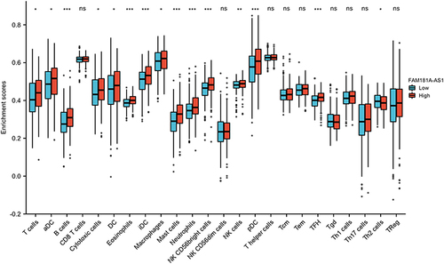 Figure 7 Expression of FAM181A-AS1 correlated with immune cells in LUAD patients (grouped comparison chart). ns, p≥0.05; *P<0.05; **P<0.01; ***P<0.001.