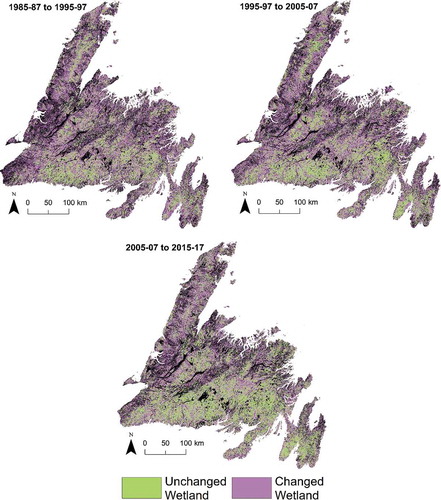 Figure 12. Areas where a wetland class remained unchanged over time (green), and areas that were or became a wetland (purple) between 1985–87 to 1995–97, 1995–97 to 2005–07 and 2006–07 to 2015–17