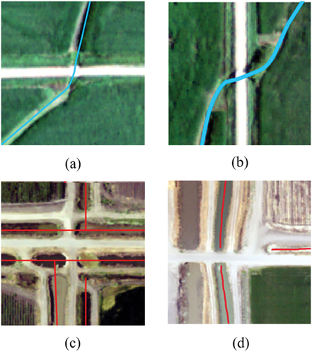 Figure 6. Drainage crossing examples from watersheds in Nebraska and California. The blue lines in (a) and (b) are natural streams in the Nebraska watershed, whereas red lines in (c) and (d) are canal ditches in the California watershed.