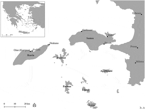 Figure 1. Map of Ikaria, Samos, and the surrounding islands. Drawn by the authors.