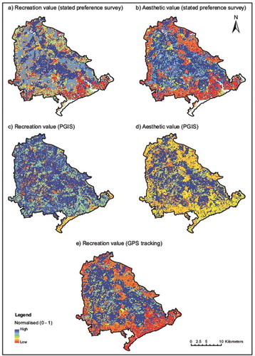 Figure 5. Habitat maps based on the Hampshire Biodiversity Information Centre (HBIC) at a 25 × 25m resolution, displaying the normalised mean value for each habitat for recreation value (a, c, e) and aesthetic value (b, d), by method: structured survey (a, b), PGIS (c, d) and GPS tracking (e). Areas shown as white (a, b) were not included in the list of habitats presented to participants for this method, hence have not been included.