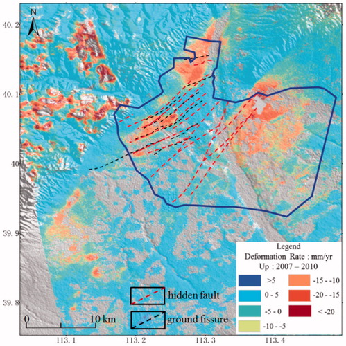 Figure 9. The distribution of GFs and hidden faults in Datong. The red dashed lines represent hidden faults, and the black dashed lines represent GFs. The blue line outlines the investigation area of hidden faults.