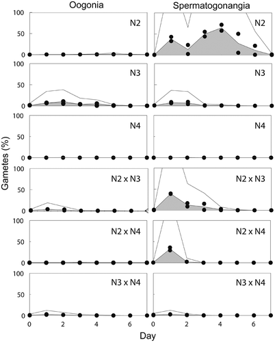 Fig. 13. The frequency (%) of gamete production in three mating crosses of Ditylum brightwellii over 7 days. Shaded areas represent the area under the curve of the mean of duplicate measurements (filled circles). Trends in gamete production are highlighted with the upper solid line representing the mean multiplied by five.
