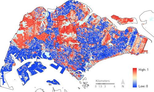 Figure 4. The urban ecosystem service hotspots were mapped using ecosystem service models of air pollution control, carbon storage, climate control and water flow regulation. Low values (blue) indicate low ecosystem service provision while high values (red) indicate high provision of multiple ecosystem services.