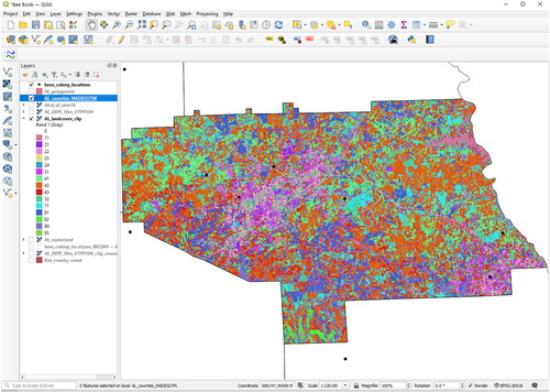 Figure 97. Intermediate result showing the counties and honey bee colonies on the Land Cover data set for the region within Lee County.