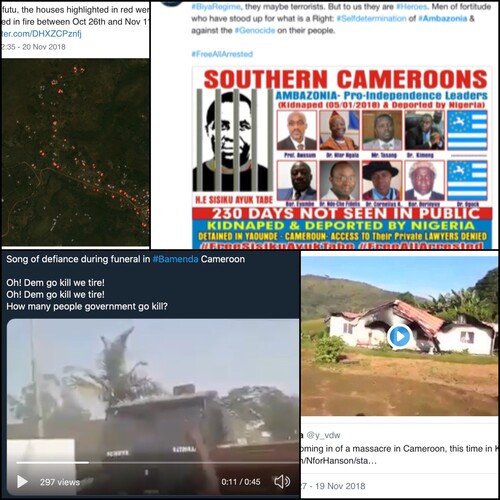 Figure 5. Social media ecologies of #Anglophone uprising and #Ambazonia conflict, 2016–2018. (Posts on Facebook and Twitter. Collage by author).