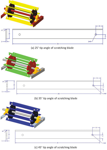 Figure 6. 3D-CAD models of the raspador with different tip angles of scratching knife/blade.