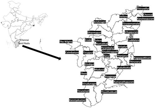 Figure 1. Map of India depicting the state of Tamil Nadu (India) with the capital city of Chennai and thirty one districts.