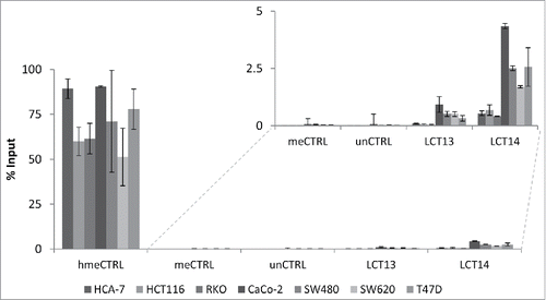 Figure 4. Analysis of 5hmC at LCT13 and LCT14 in cancer cell lines. Levels of hydroxymethylcytosine (hmeC) obtained by hMeDIP and expressed as % of Input. hmeCTRL: hydroxymethylated control DNA; meCTRL: methylated control DNA; unCTRL: unmethylated control DNA. The inset shows an enlargement of the region of the graph without the positive hmeCTRL indicating that some cell lines (Caco-2, SW480, SW620 and T47D) show minor enrichment at LCT13 and LCT14 L1ASPs, relative to the negative controls and the negative cell lines.