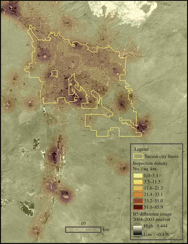 Figure 4. Remote-sensing-derived change image with the Pima County DEQ dust inspection point kernel density overlay for the Tucson, AZ, metropolitan area between May 2003 and June 2004. Increased dust inspection density is indicated with increased reddish-brown or darkish hue, and change in the satellite change image is indicated by increased bright or dark pixels. We are interested in spatial alignment of dust inspection density and satellite change signal. The large bright feature in the north part of the image is due to change induced by the Aspen fire of 2003, and the bright and dark polygons in the lower left portion of the image are attributed to mining activities. Both of these areas are masked out before performing the study.