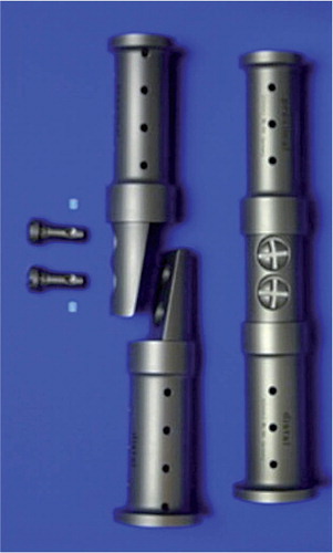 Figure 1. The custom-made interposition device consisting of 2 coupling parts. The 2 parts are fixed using 2 screws.